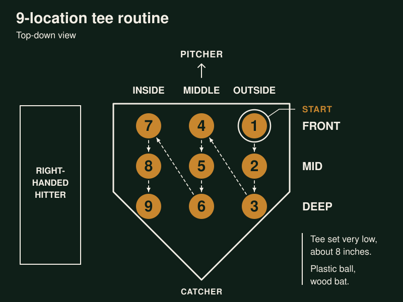 Top-down view of home plate with nine numbered tee spots. Start at 1, outside and in front of the plate, then work back to the deep outside corner, then the middle of the plate front to deep, then the inside corner front to deep. Tee set very low, about 8 inches. Plastic ball, wood bat.