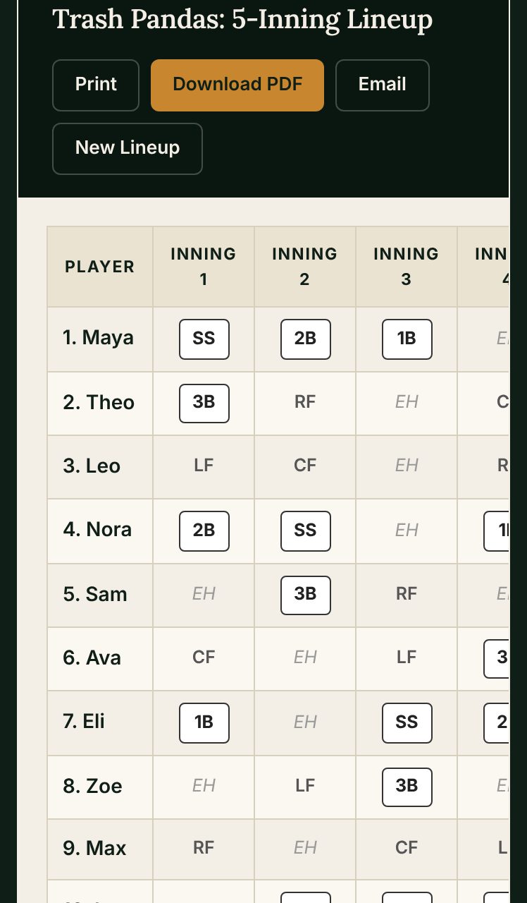 Lineup Builder: a five-inning lineup with positions by inning
