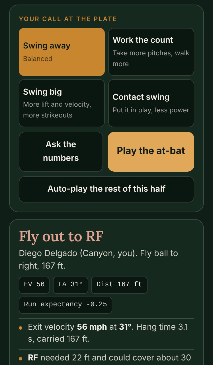 Skipper: manage a full game, make the call, ask the numbers